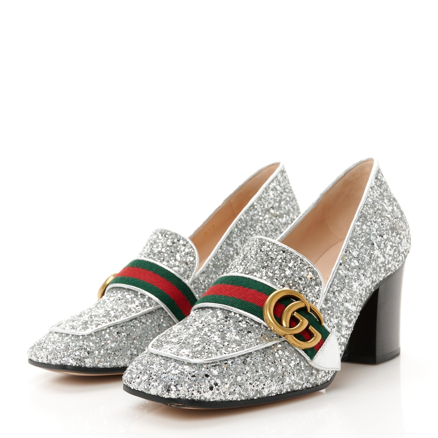 Glitter Nappa Web Peyton 75mm Loafer Pumps 37.5 Argento