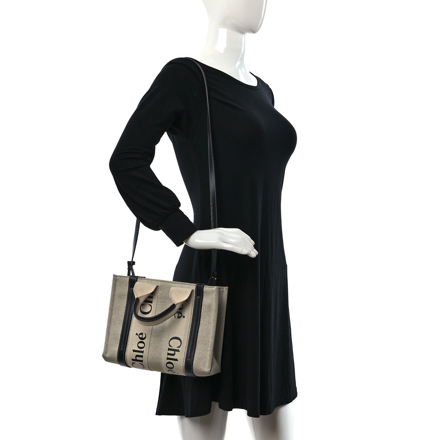 Chloe Cotton Calfskin Small Woody Ribbon Tote With Strap White Navy 2 of 8