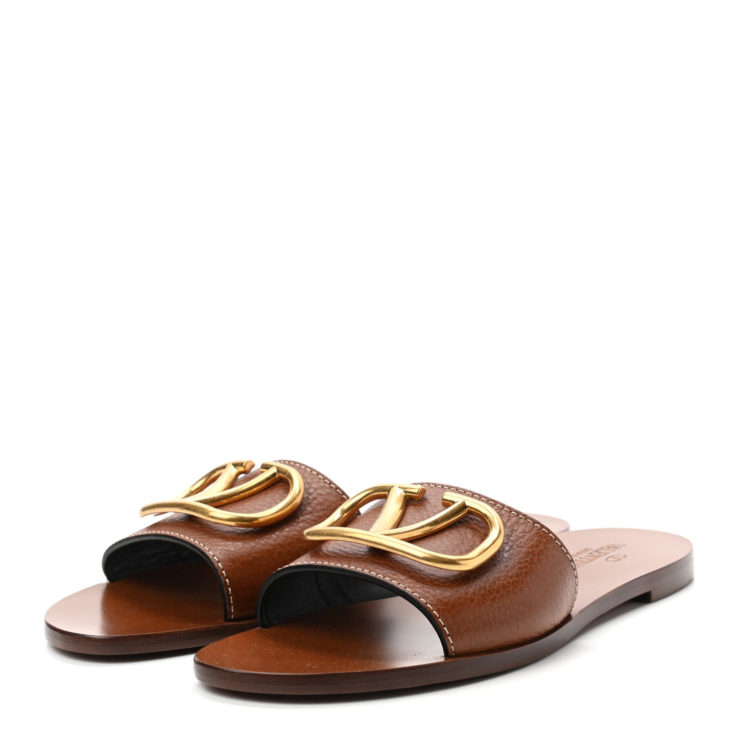 Grainy Cowhide Vlogo Flat Slide Sandals 38.5 Cuoio