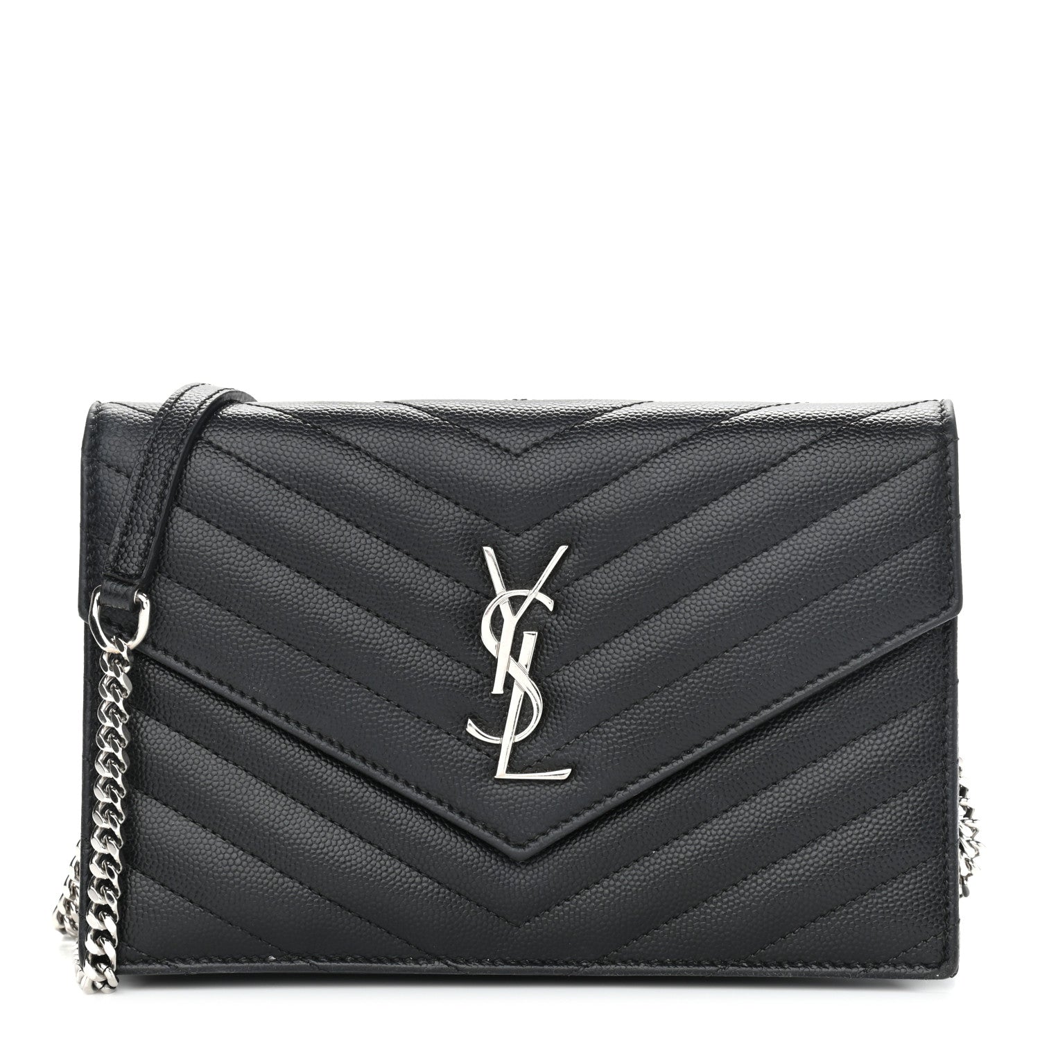 Saint Laurent Grain De Poudre Matelasse Chevron Monogram Envelope Chain Wallet Black 1 of 8