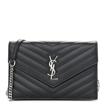 Saint Laurent Grain De Poudre Matelasse Chevron Monogram Envelope Chain Wallet Black 1 of 8