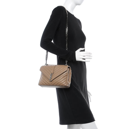 Saint Laurent Sheepskin Matelasse Chevron Monogram Medium College Bag Taupe 2 of 9
