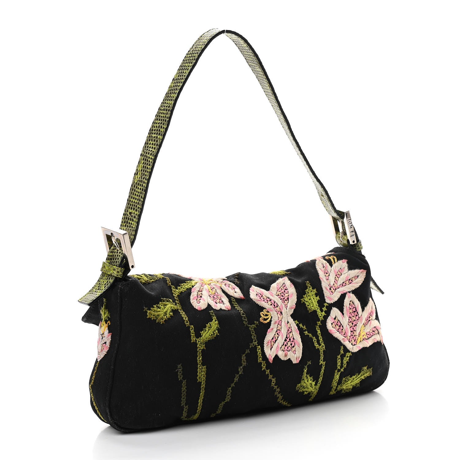 Fendi Canvas Lizard Embroidered Flower Baguette Black Multicolor 3 of 12