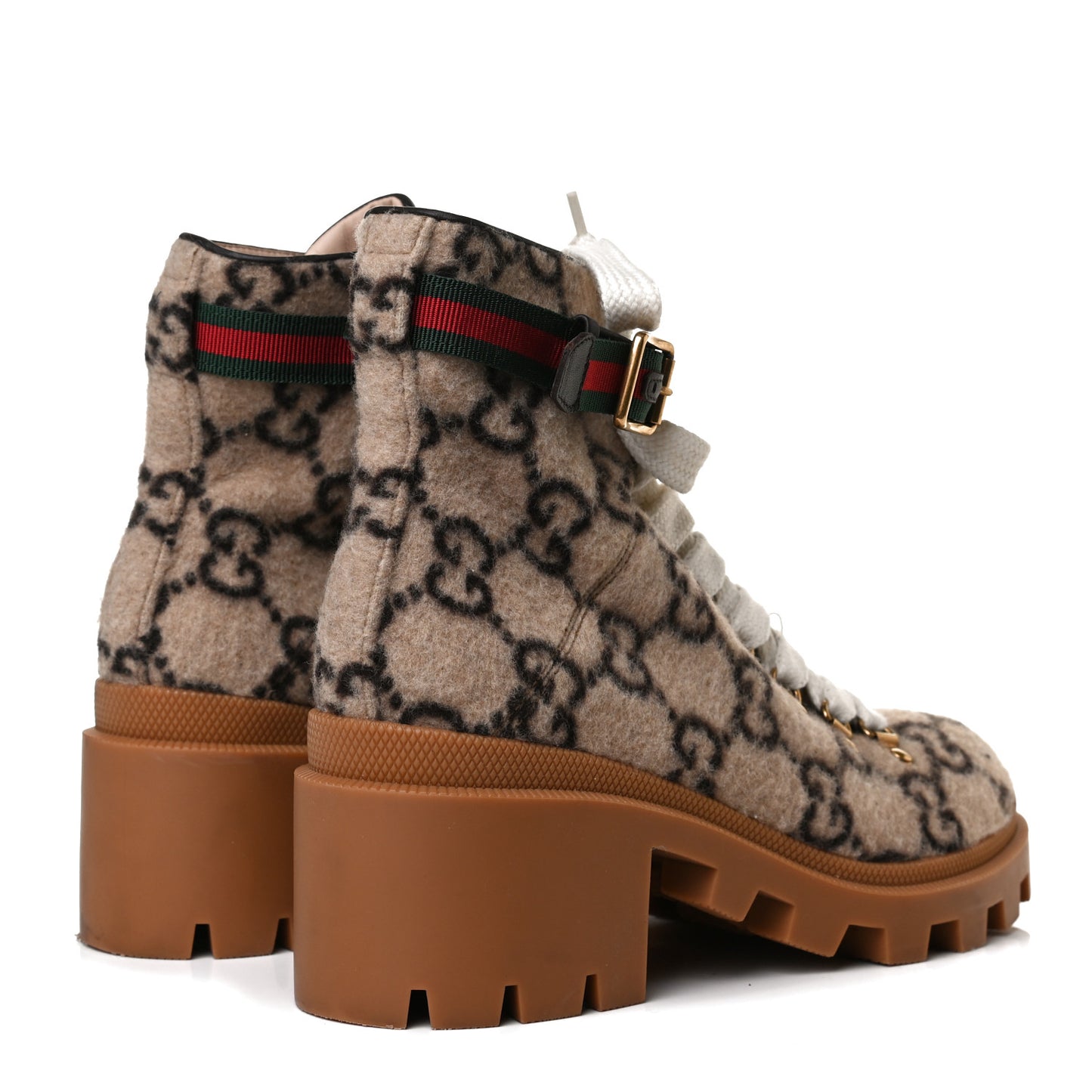 Covered Wool Big GG Monogram Womens Lace Up Combat Ankle Boots 40 Beige Ebony Cocoa