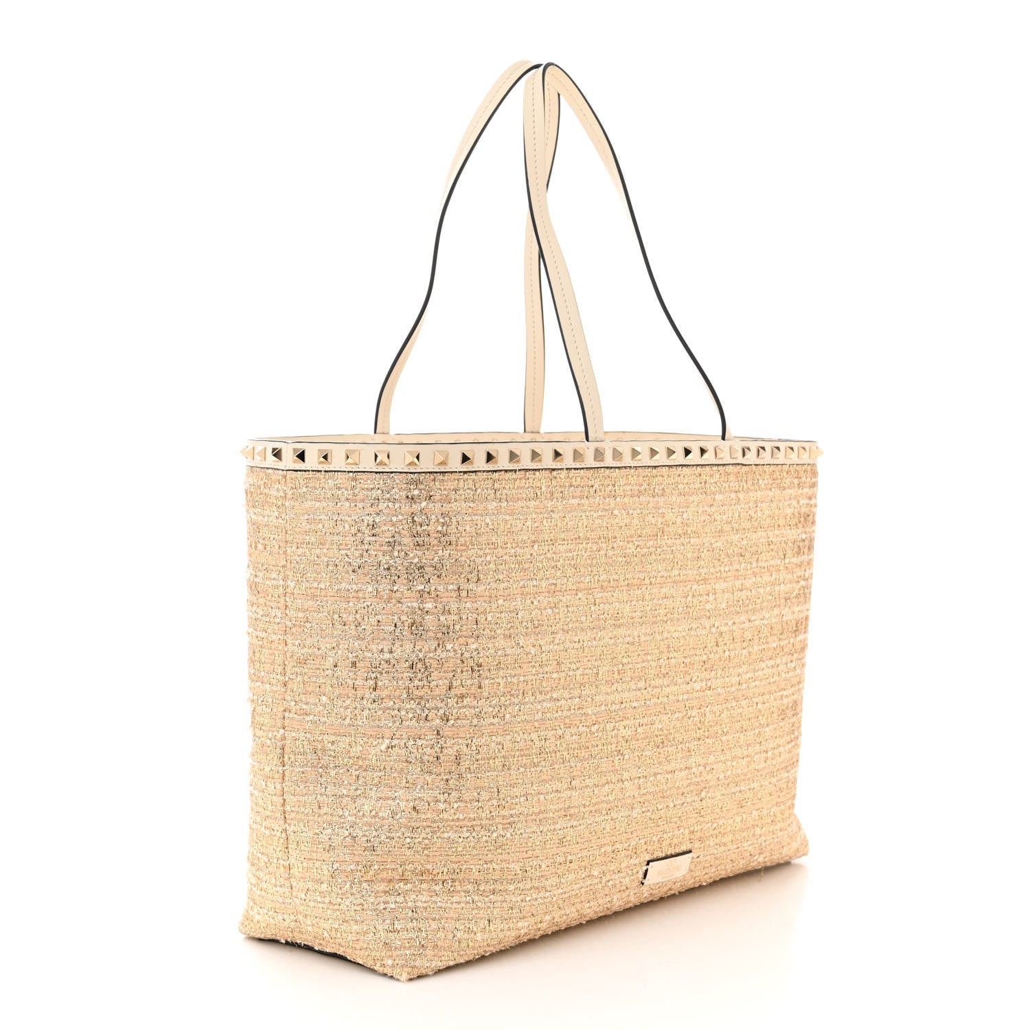 Valentino Garavani Metallic Boucle Raffia Calfskin Rockstud Tote Bag White Ivory Gold 3 of 11