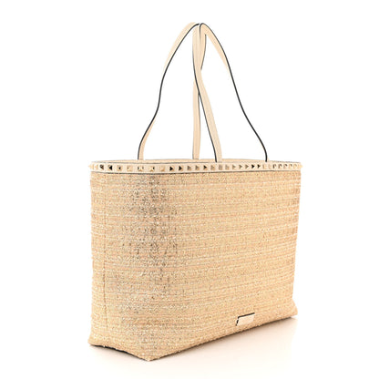 Valentino Garavani Metallic Boucle Raffia Calfskin Rockstud Tote Bag White Ivory Gold 3 of 11