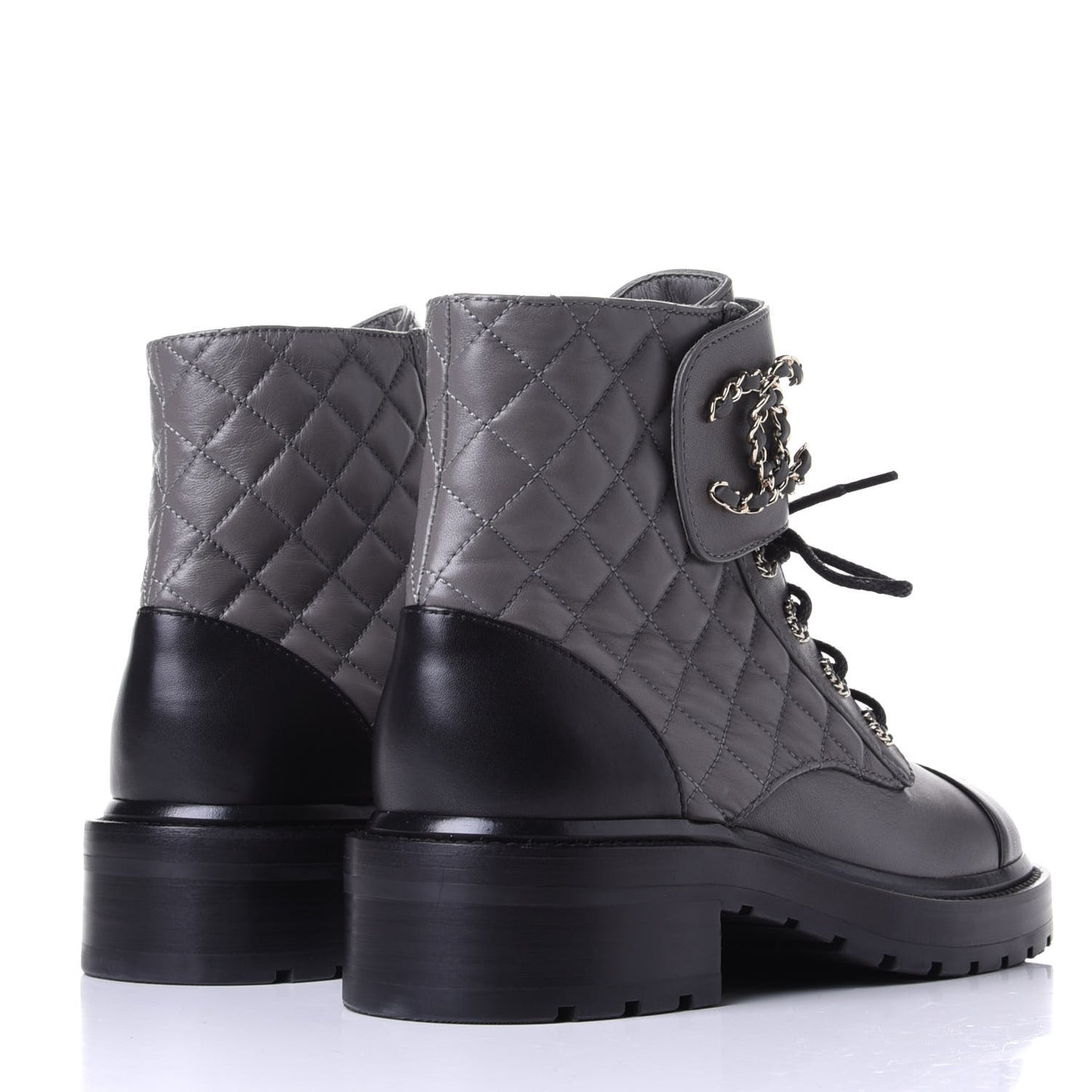 Shiny Lambskin Quilted Lace Up Combat Boots 38.5 Grey Black
