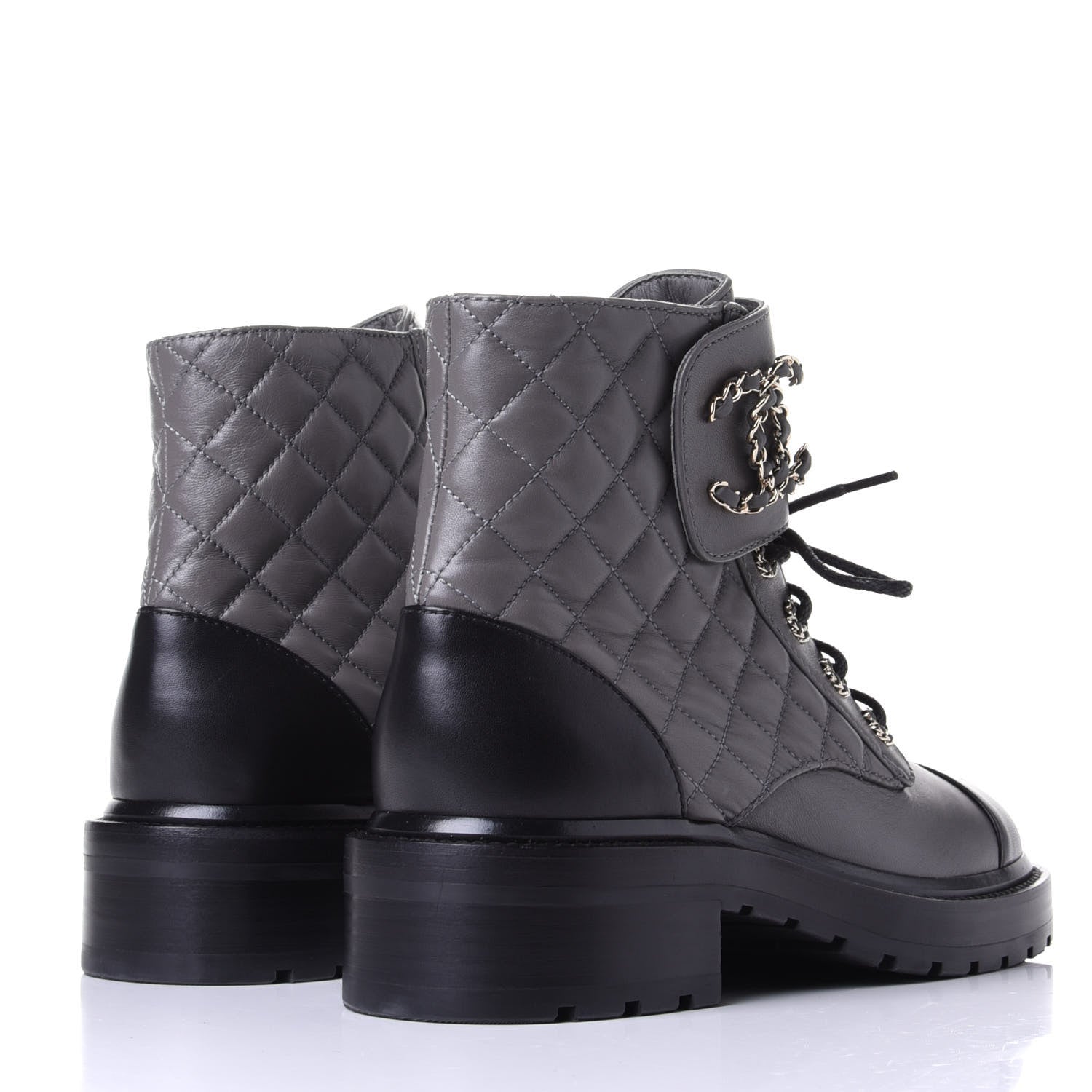 Chanel Shiny Lambskin Quilted Lace Up Combat Boots 38.5 Grey Black 4 of 11