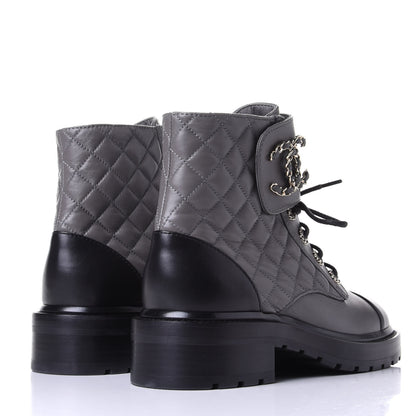 Chanel Shiny Lambskin Quilted Lace Up Combat Boots 38.5 Grey Black 4 of 11