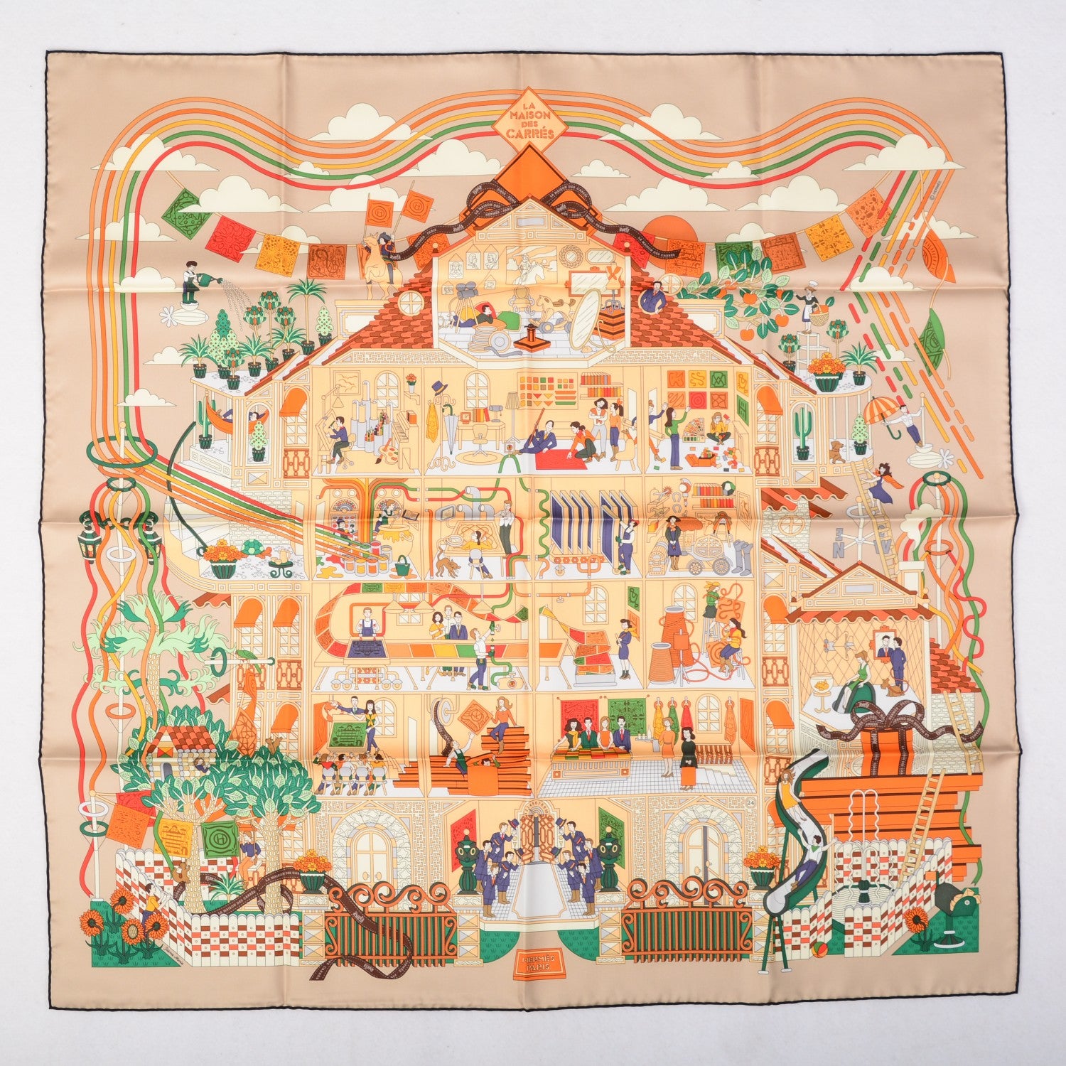 Hermes Silk La Maizeon Des Carres 90 Scarf Beige Orange Vert 2 of 6