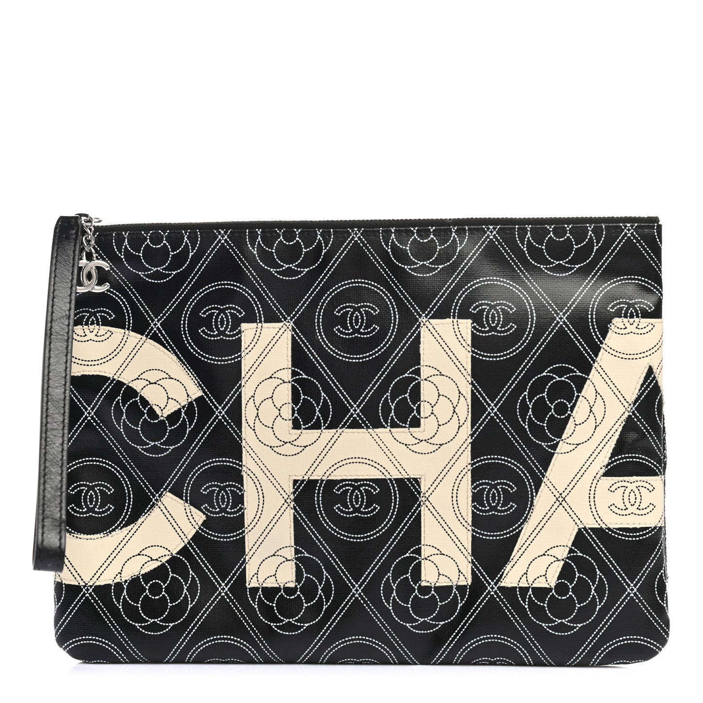Coated Canvas Calfskin Camellia Printed Pouch Black Beige