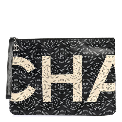 Chanel Coated Canvas Calfskin Camellia Printed Pouch Black Beige 1 of 6