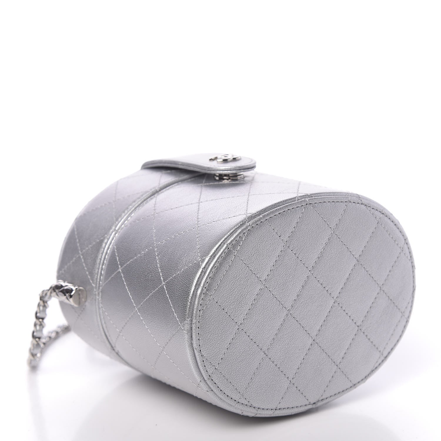Chanel Metallic Lambskin Quilted Round Vanity Case With Chain Silver 4 of 12
