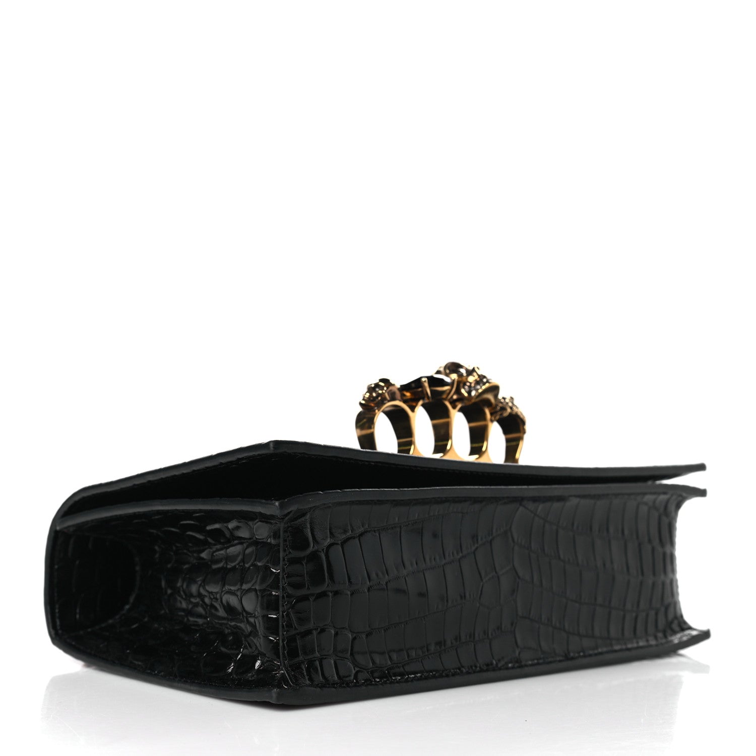 Alexander McQueen Shiny Calfskin Crocodile Embossed Knuckle Jeweled Crossbody Black 3 of 8