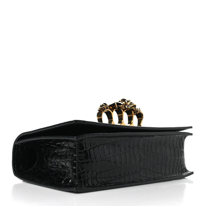 Alexander McQueen Shiny Calfskin Crocodile Embossed Knuckle Jeweled Crossbody Black 3 of 8