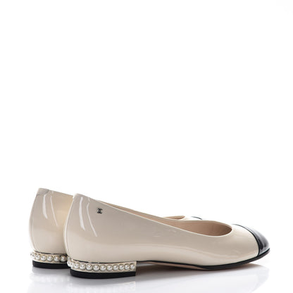 Chanel Patent Calfskin Pearl Cap Toe Flats 39.5 Light Beige Black 14 of 20
