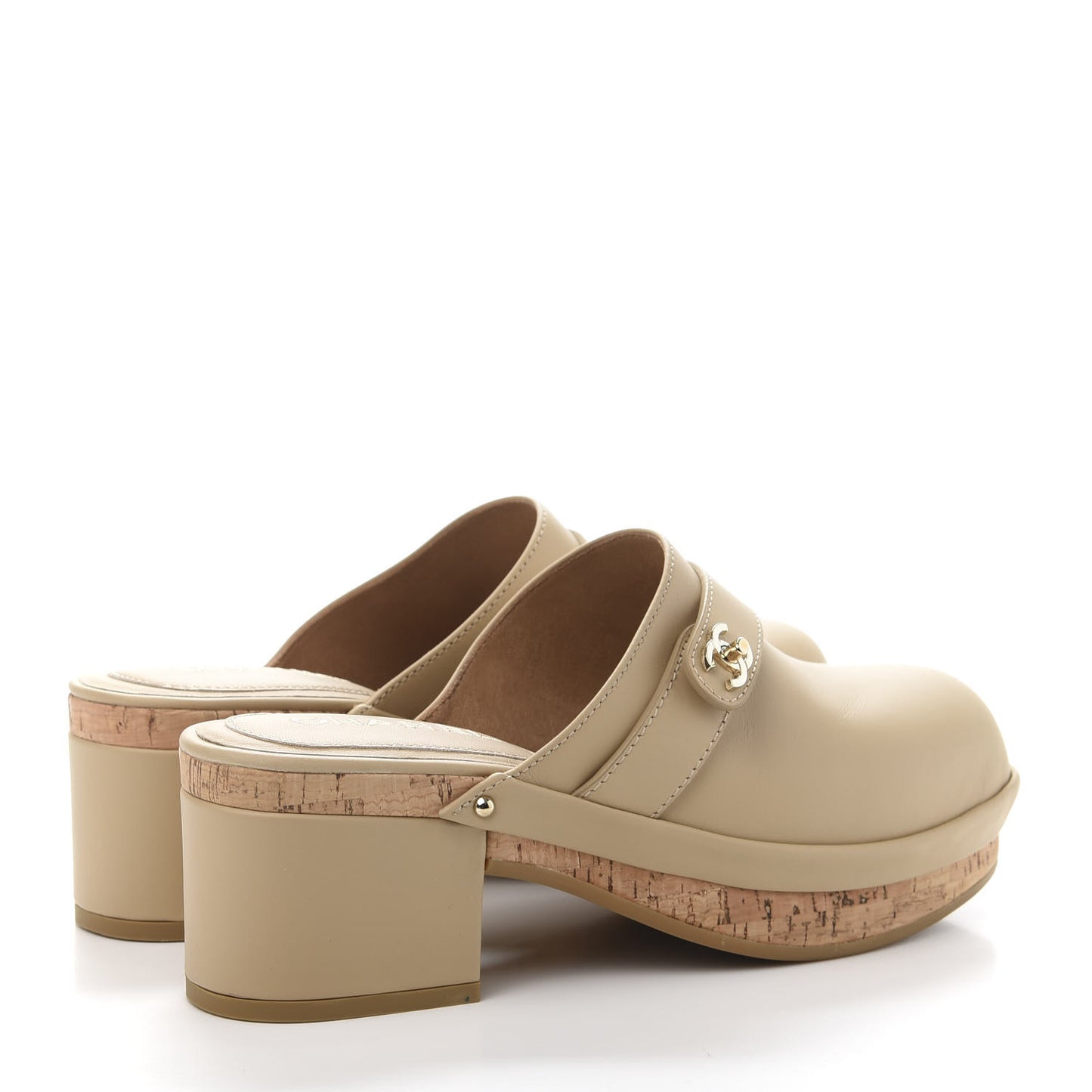 Calfskin CC Turn Lock Clogs 37 Beige