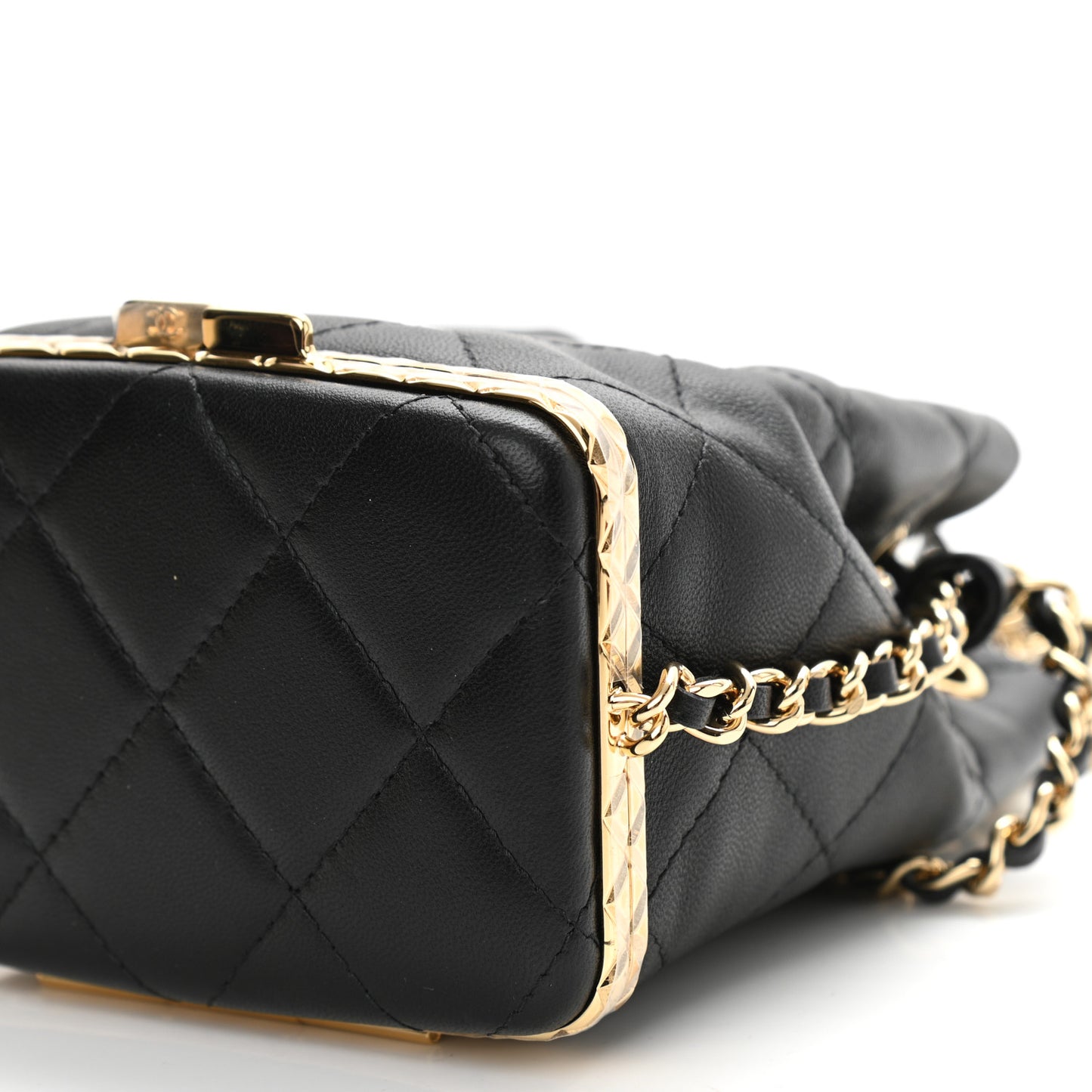 Metal Lambskin Quilted Small Chain Bucket Bag Black