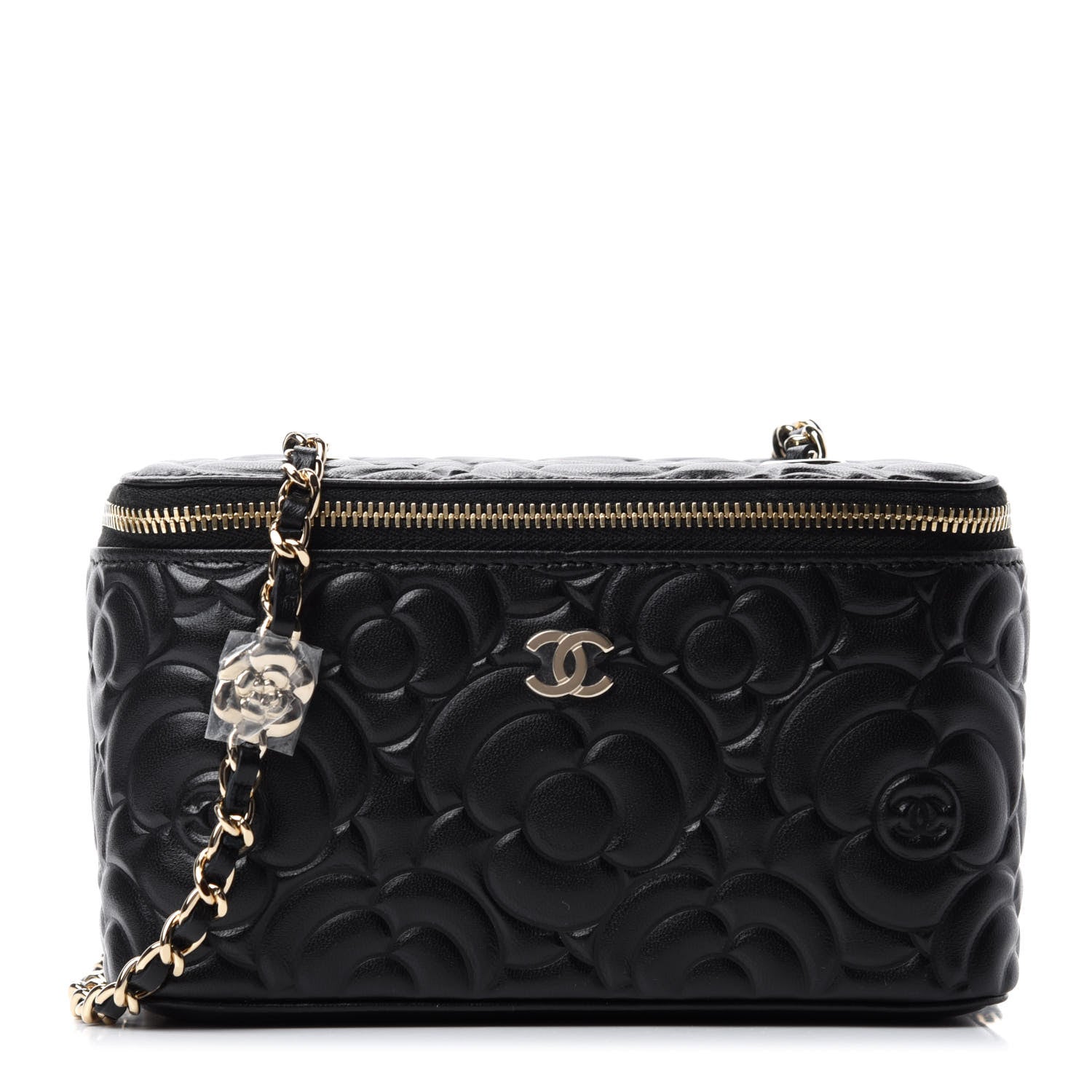 Chanel Lambskin Camellia Embossed Small Vanity Case With Chain Black 1 of 11