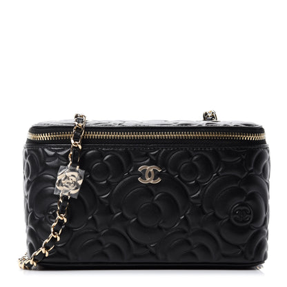 Chanel Lambskin Camellia Embossed Small Vanity Case With Chain Black 1 of 11