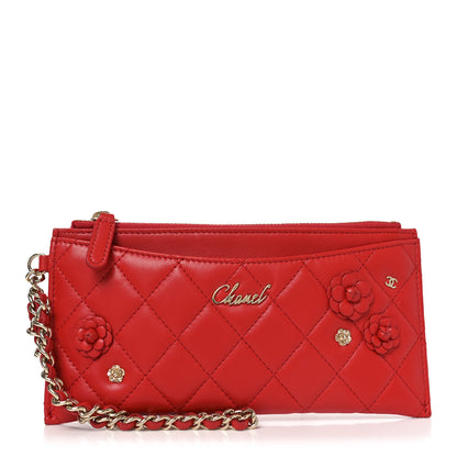 Chanel Lambskin Quilted Camellia CC Charm Wristlet Wallet Red 1 of 8
