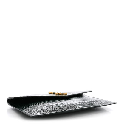 Saint Laurent Calfskin Crocodile Embossed Uptown Monogram Clutch Dark Green 4 of 7