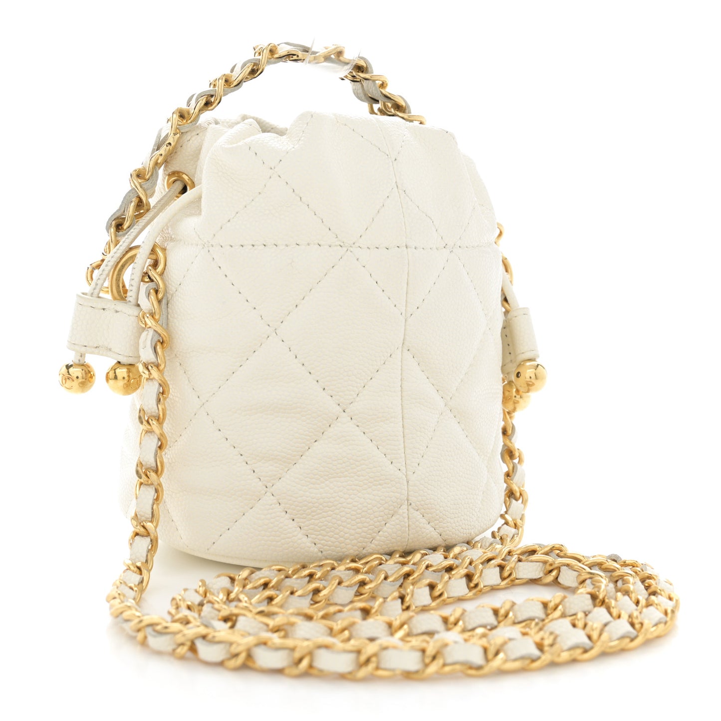 Caviar Quilted Coco First Bucket Clutch With Chain White