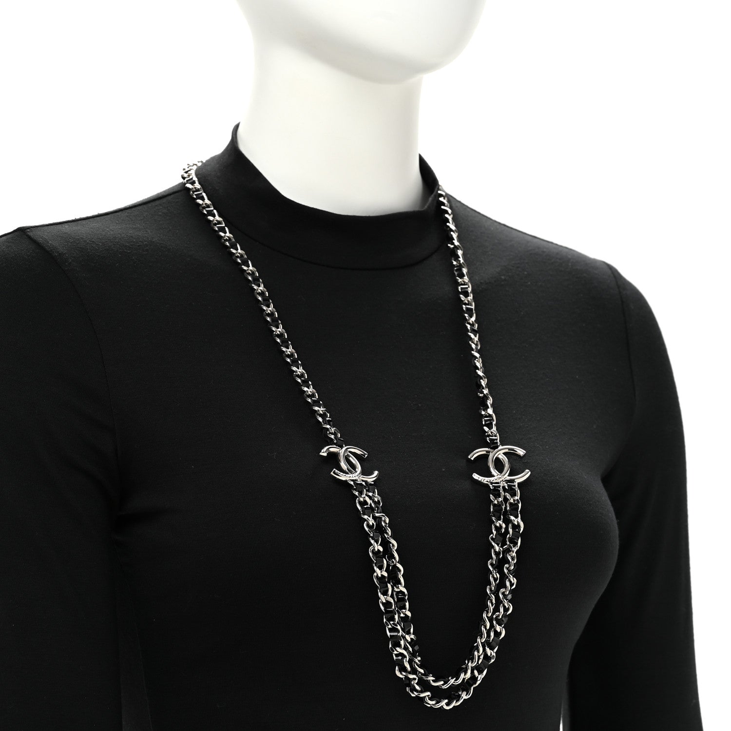 Chanel Metal Patent CC Double Chain Necklace Black Silver 2 of 6