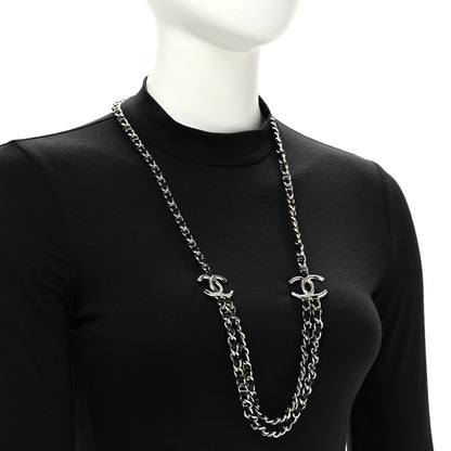 Chanel Metal Patent CC Double Chain Necklace Black Silver 2 of 6