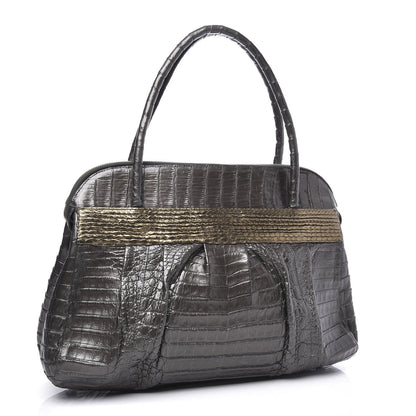 Nancy Gonzalez Metallic Crocodile Snakeskin Shoulder Bag Silver Gold 2 of 8