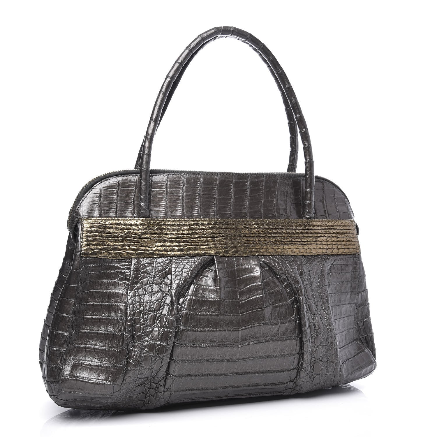 Nancy Gonzalez Metallic Crocodile Snakeskin Shoulder Bag Silver Gold 2 of 8