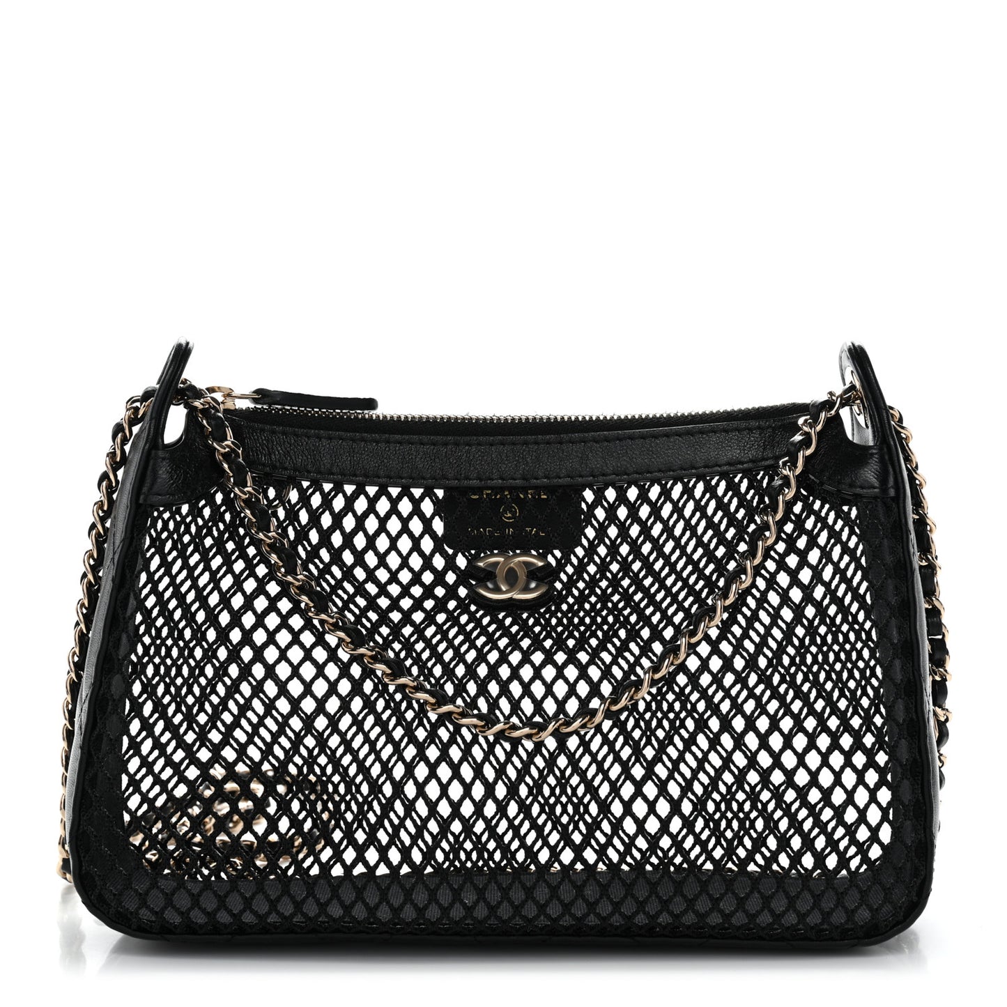 Mesh Shiny Lambskin Clutch With Chain Black