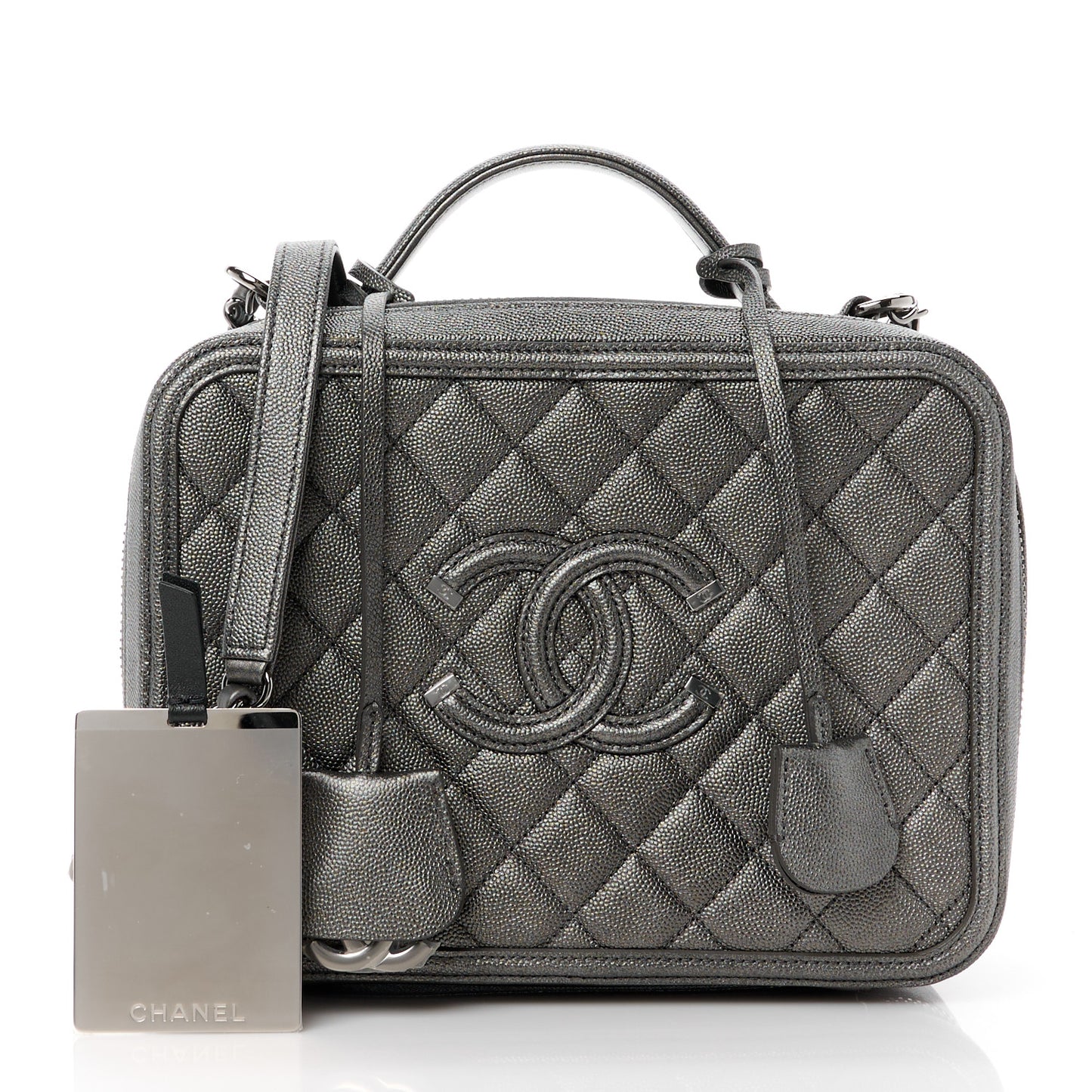 Metallic Caviar Quilted Medium CC Filigree Vanity Case Dark Silver