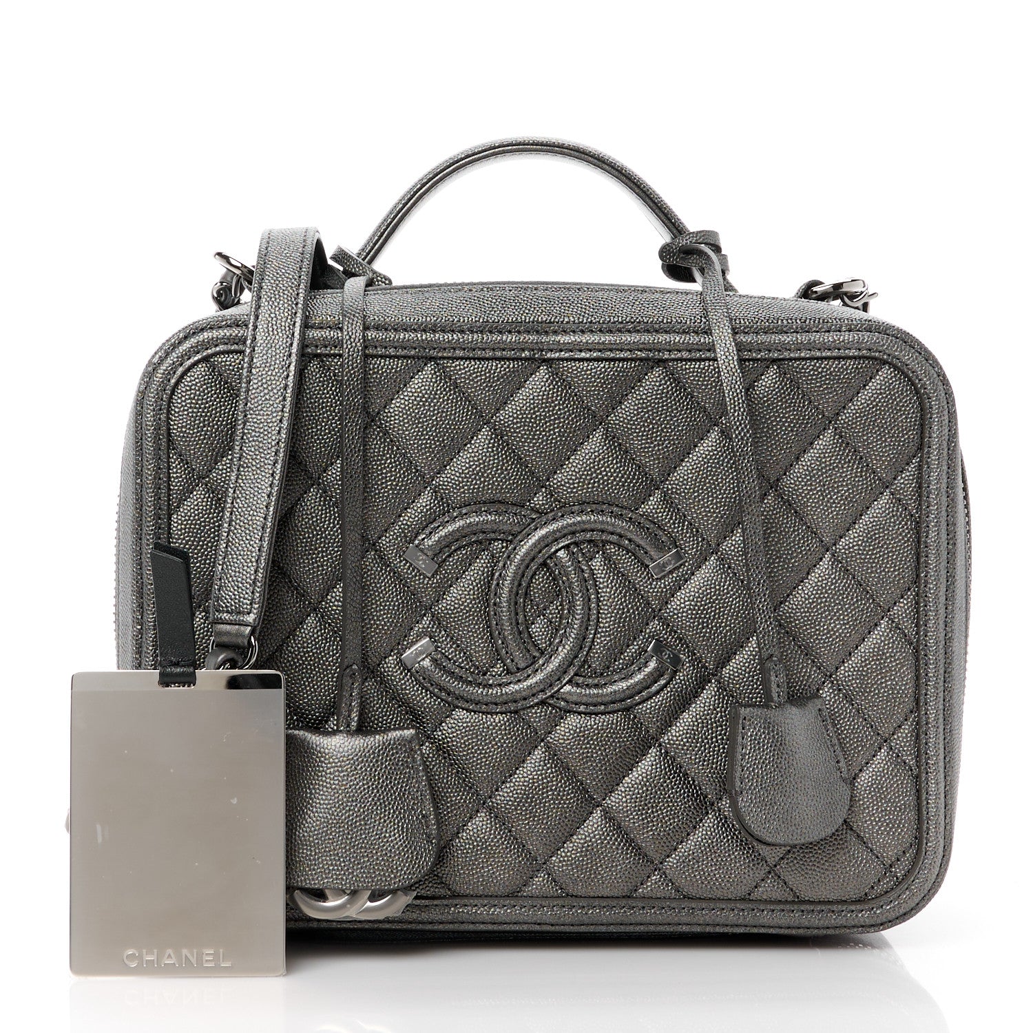 Chanel Metallic Caviar Quilted Medium CC Filigree Vanity Case Dark Silver 3 of 16