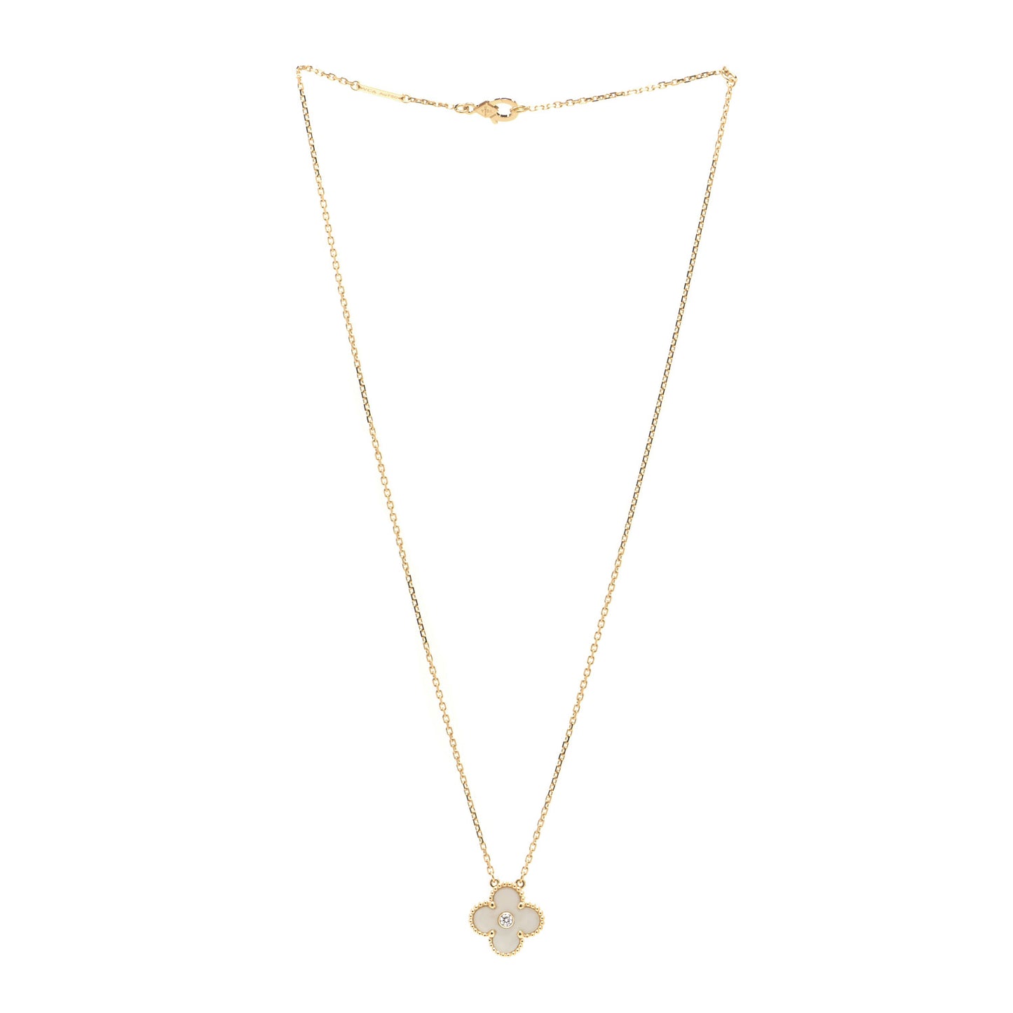 18K Yellow Gold Diamond Yellow Mother of Pearl Vintage Alhambra Pendant Necklace