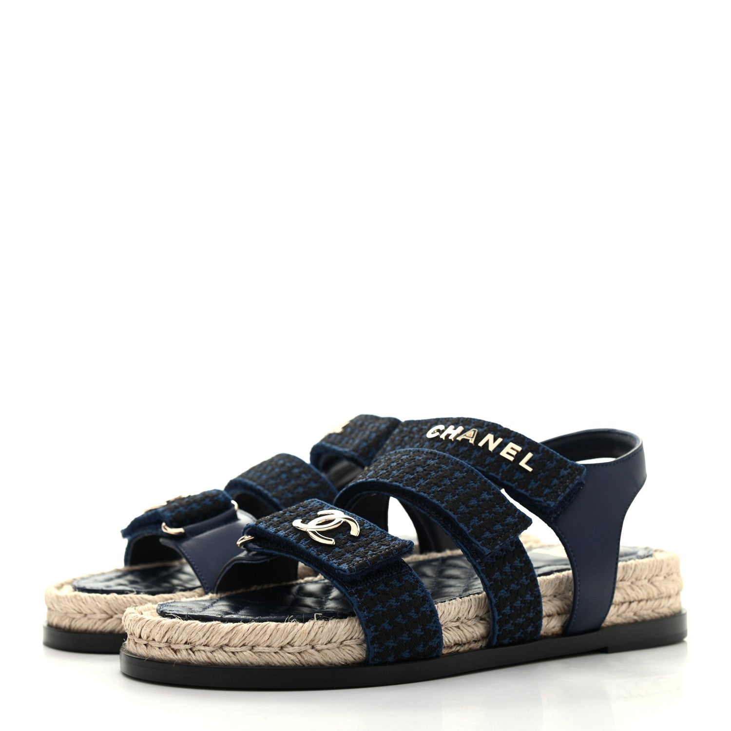 Chanel Stretch Fabric Lambskin CC Flat Sandals 37 Navy Blue Black 3 of 8
