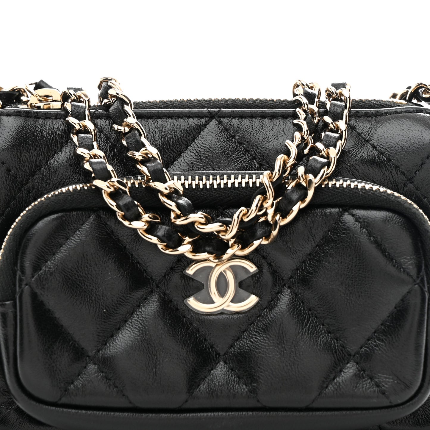 Shiny Crumpled Lambskin Quilted Mini Clutch With Chain Black