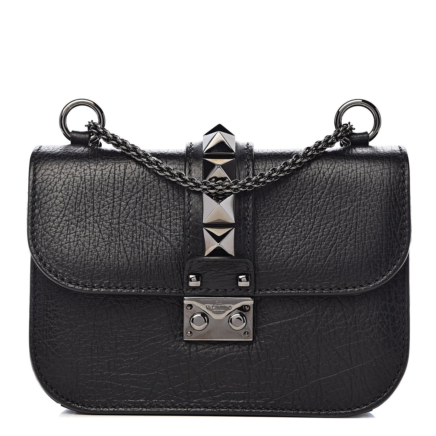 Pebbled Calfskin Small Glam Lock Rockstud Flap Black
