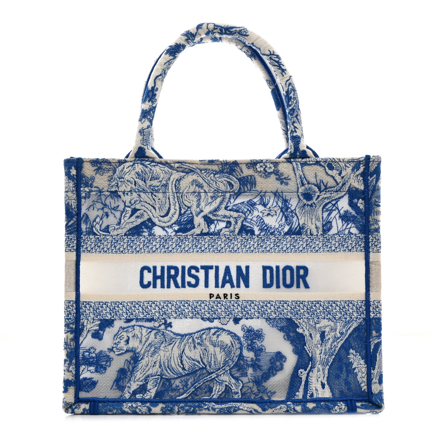 Transparent Canvas Embroidered Small Toile De Jouy Reverse Book Tote Fluorescent Blue