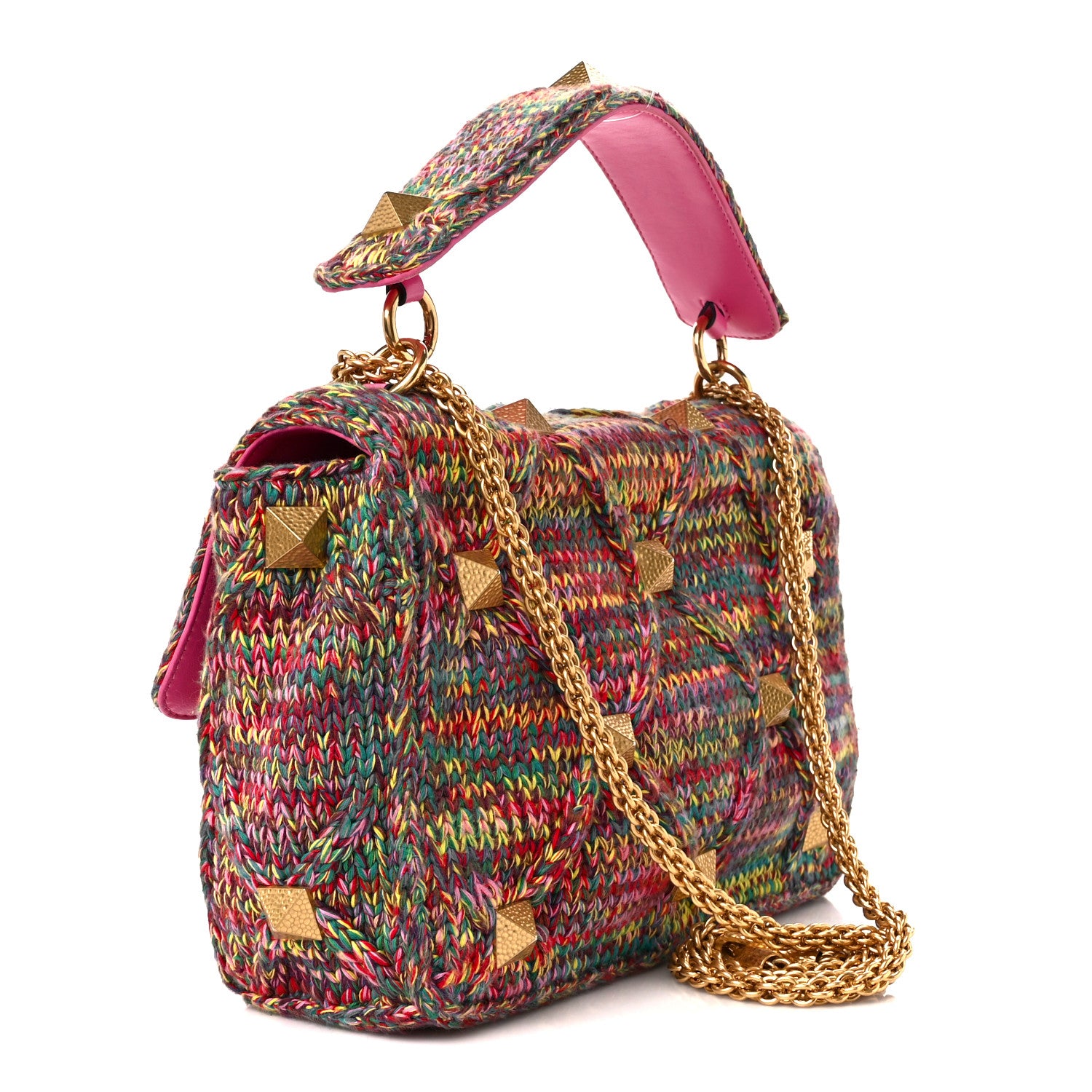 Valentino Garavani Wool Woven Large Roman Stud Shoulder Bag Multicolor Feminine Pink 3 of 10