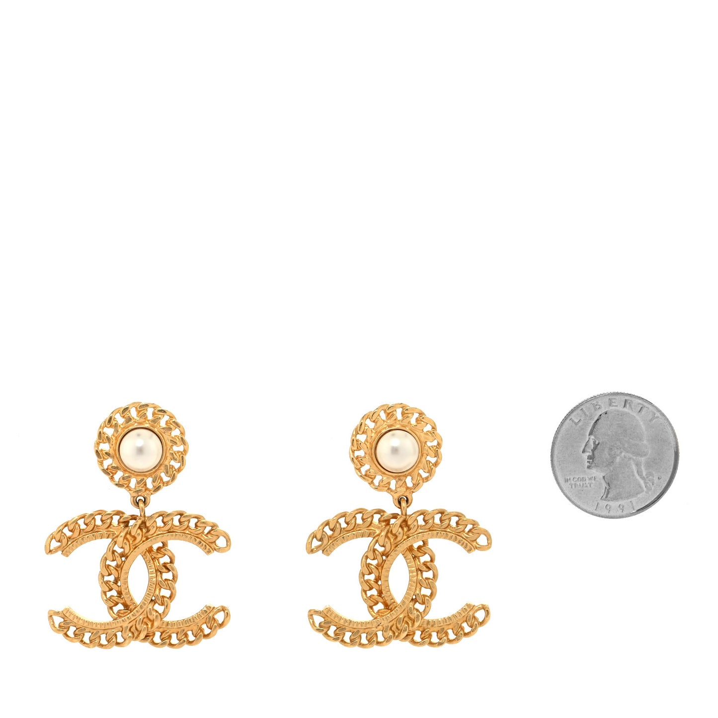 Metal Pearl CC Chain Drop Earrings Gold