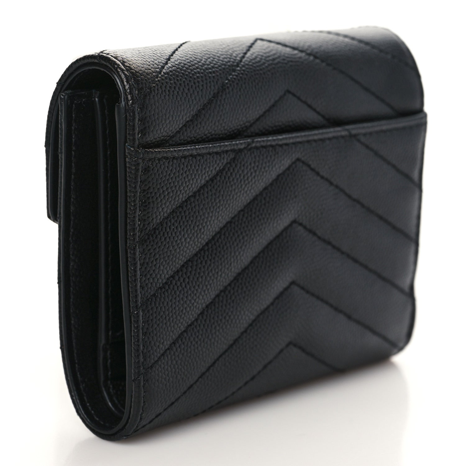 Saint Laurent Grain De Poudre Matelasse Chevron Monogram Compact Tri Fold Wallet Black 3 of 6