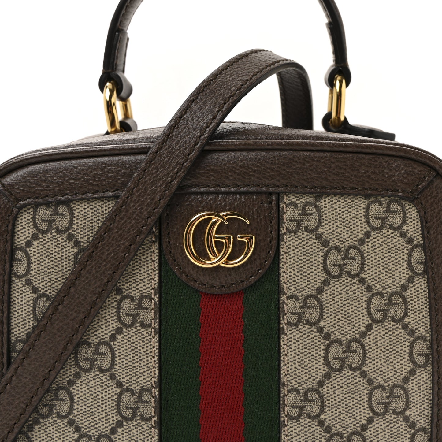 GG Supreme Monogram Textured Dollar Calfskin Mini Ophidia Top Handle Square Shoulder Bag Beige Ebony New Acero
