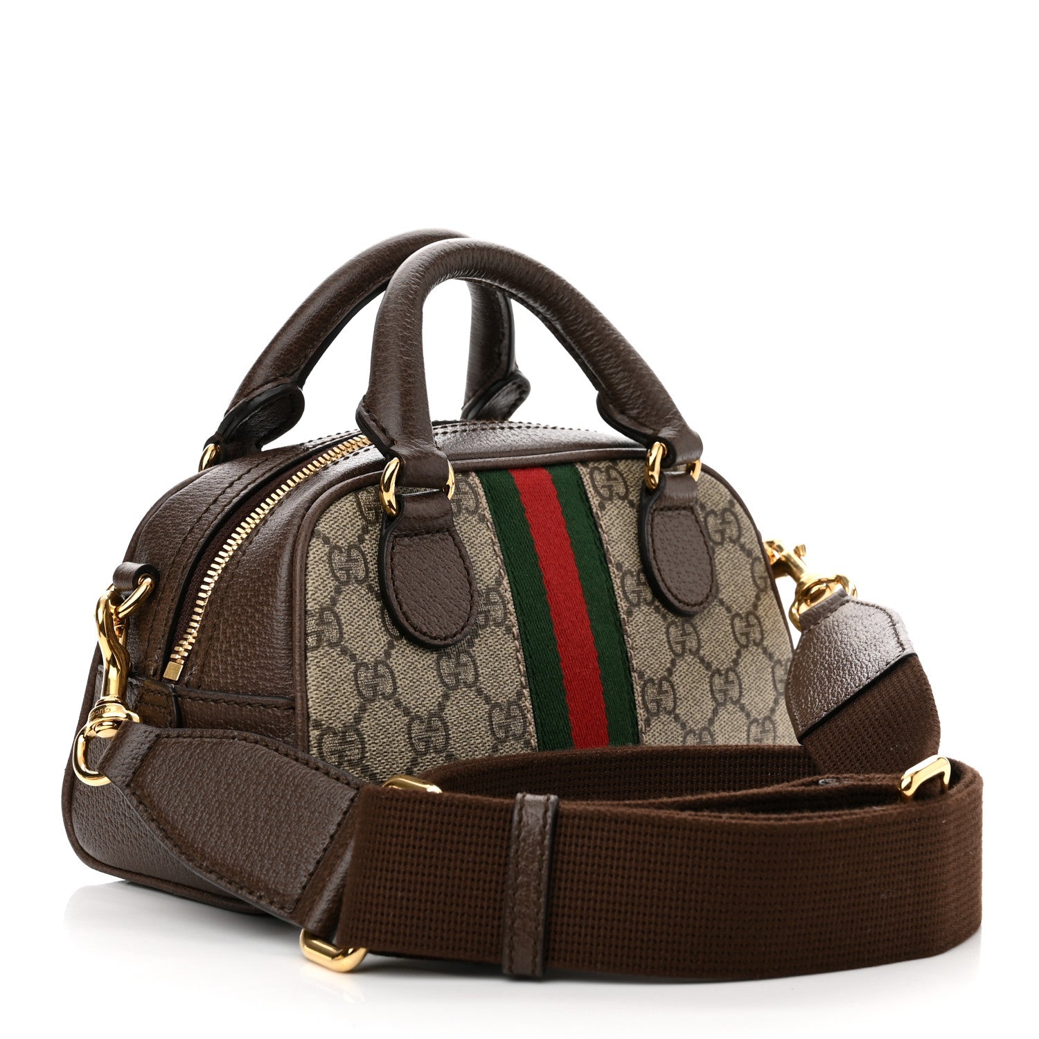 Gucci GG Supreme Monogram Textured Dollar Calfskin Web Mini Ophidia Top Handle Bowler Bag Beige Ebony New Acero 3 of 9