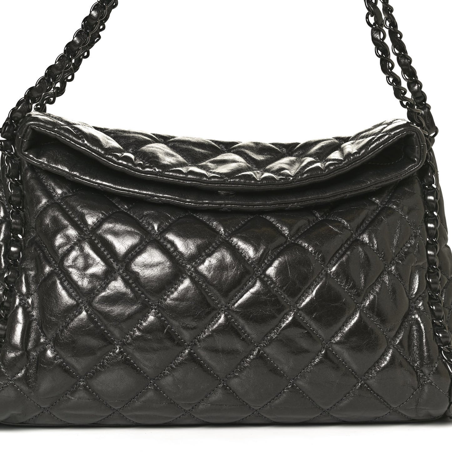 Metallic Calfskin Quilted Medium Chain Me Hobo Dark Grey