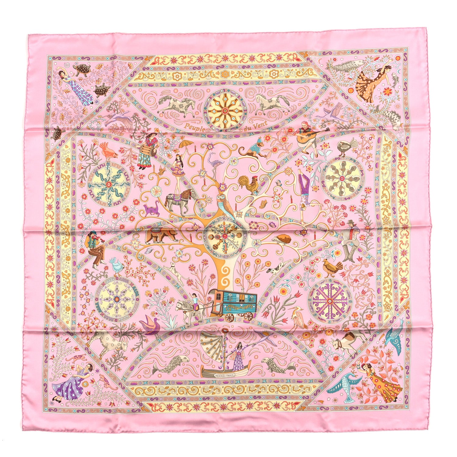 Hermes Silk Peuple du Vent Scarf 90 Rose Turquoise Clair Violine 1 of 3
