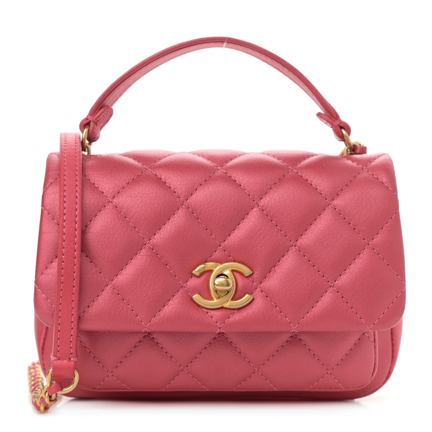 Chanel Metallic Calfskin Quilted Top Handle Flap Dark Pink