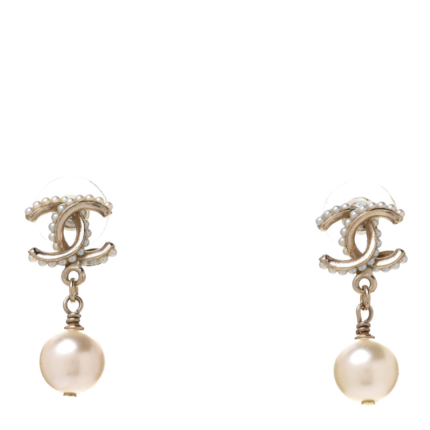 Chanel Pearl Twisted CC Drop Earrings Light Gold White 1 of 5
