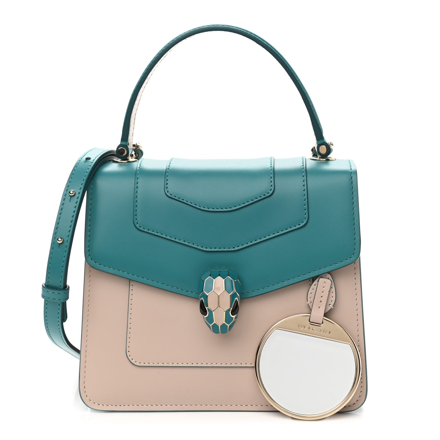Calfskin Contrast Serpenti Forever Top Handle Tropical Turquoise Milky Opal