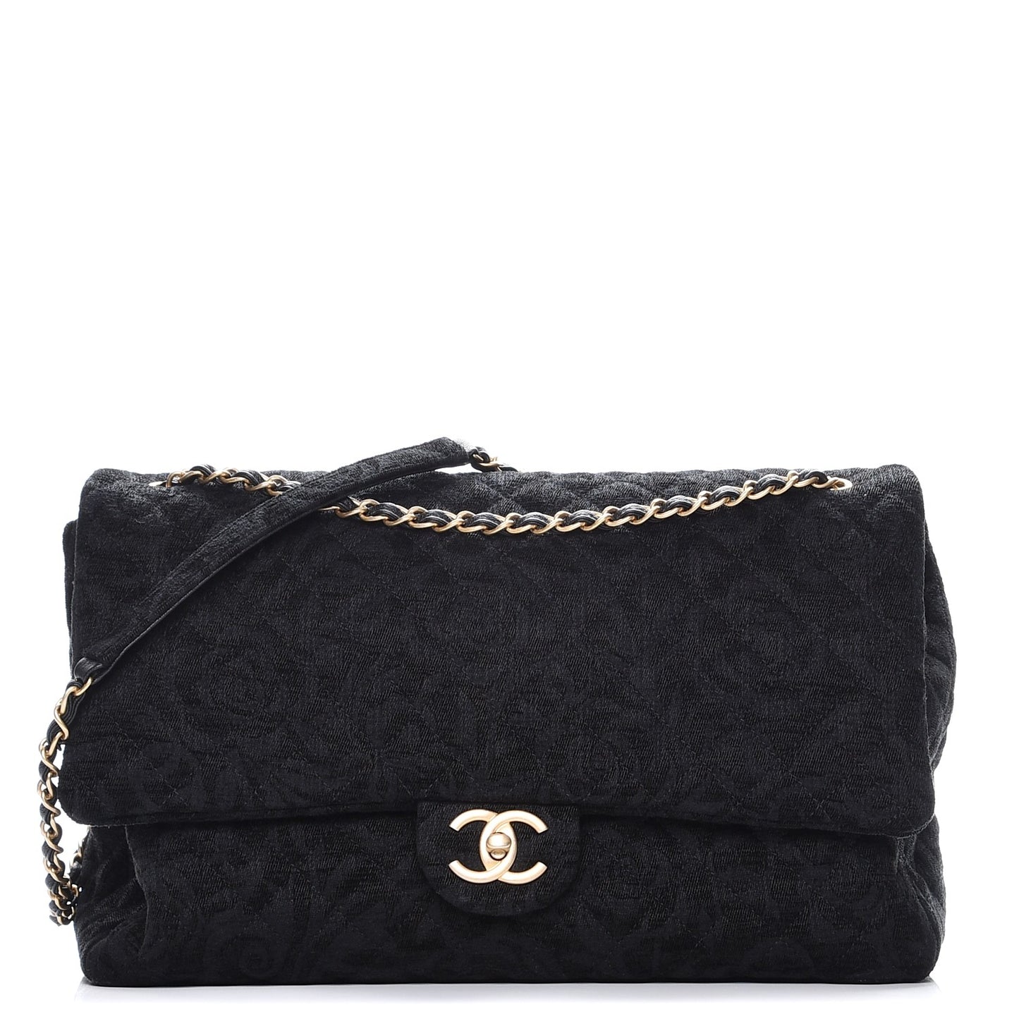 Velvet Camellia Stamped XXL Travel Flap Bag Black